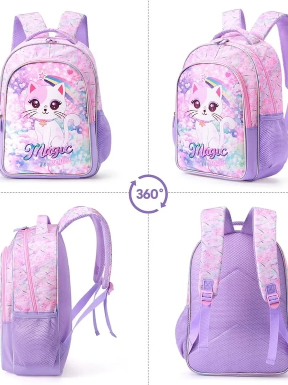 Pink and Purple 3-in-1 Cat School Backpack Set for Girls WE5